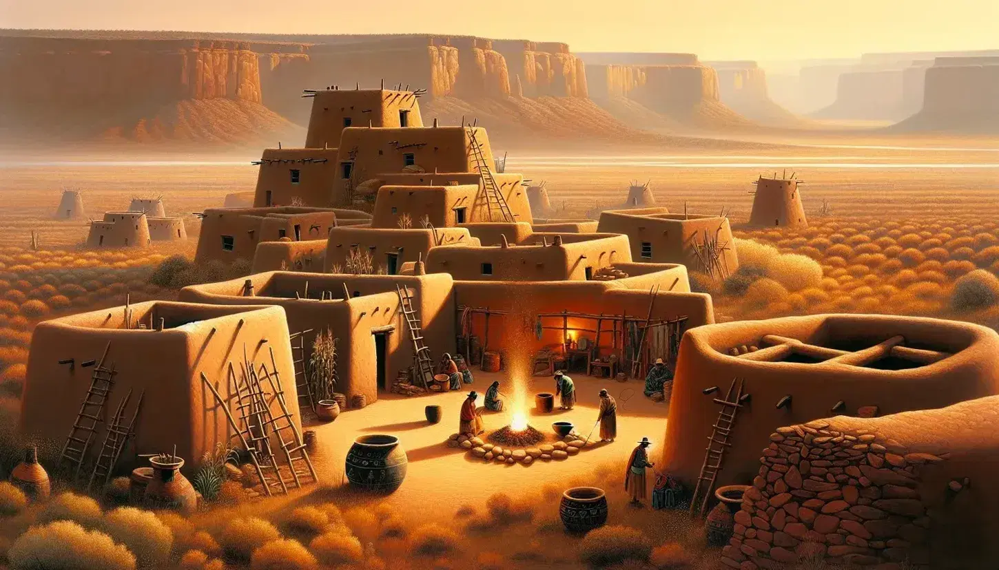 Traditional Hopi pueblos with adobe bricks and flat roofs, tribe members by a fire and tending corn, set against a backdrop of desert mesas under a clear sky.