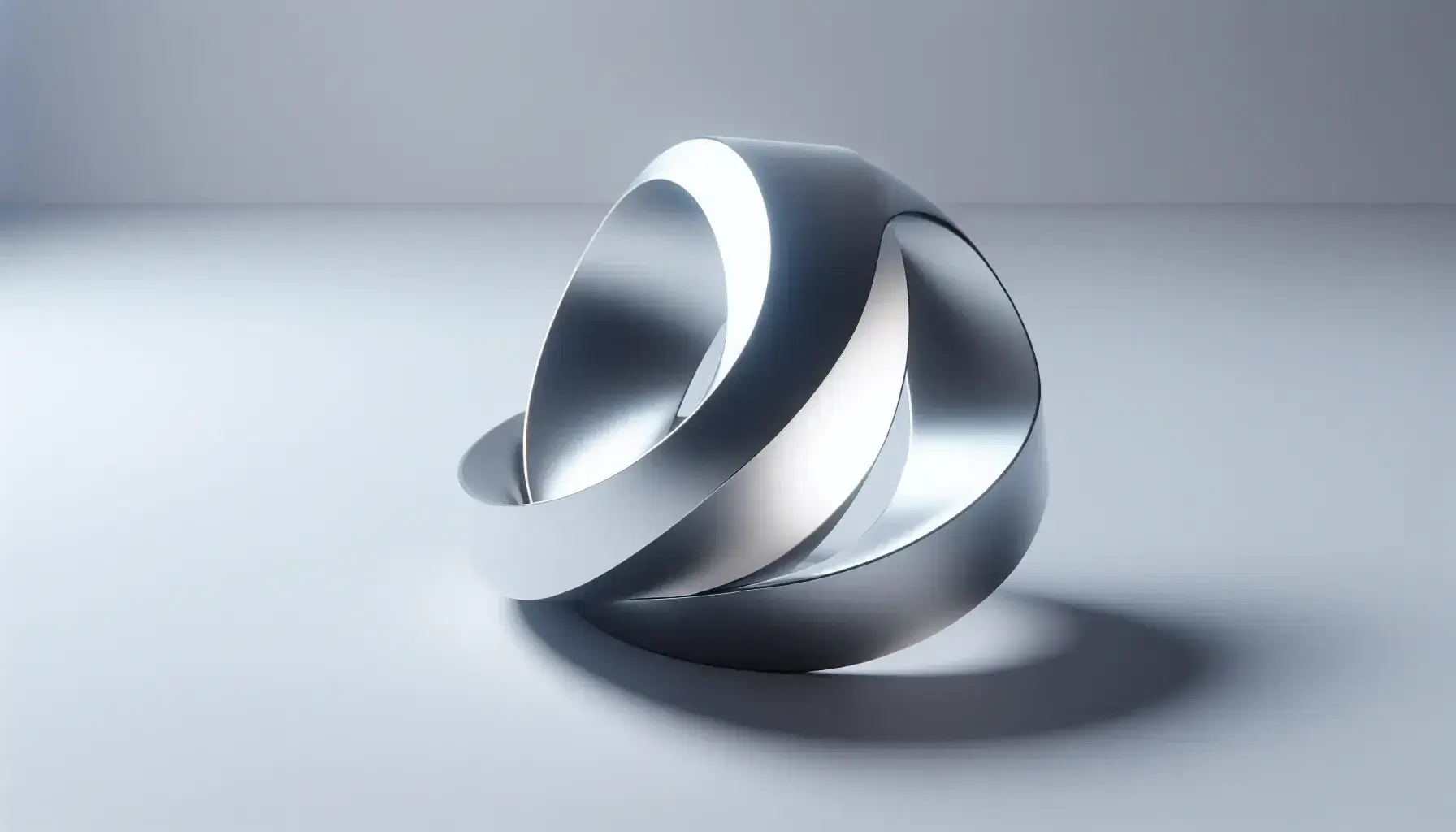 Polished silver Möbius strip sculpture with a central twist, reflecting light on a white background, showcasing its one-sided surface.