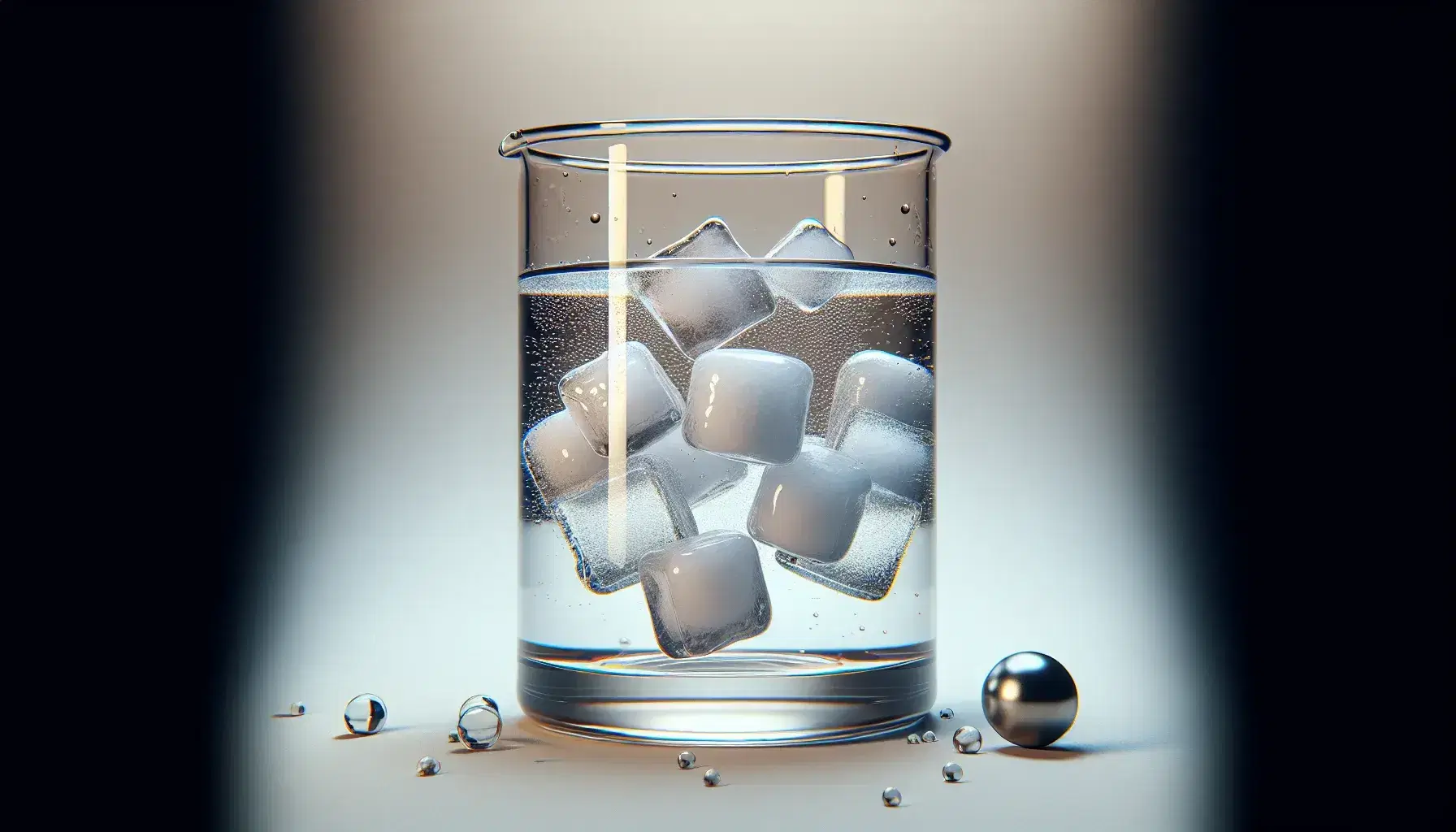 Glass beaker with floating water and ice cubes, metallic sphere on the bottom and scattered water drops, on matte surface.