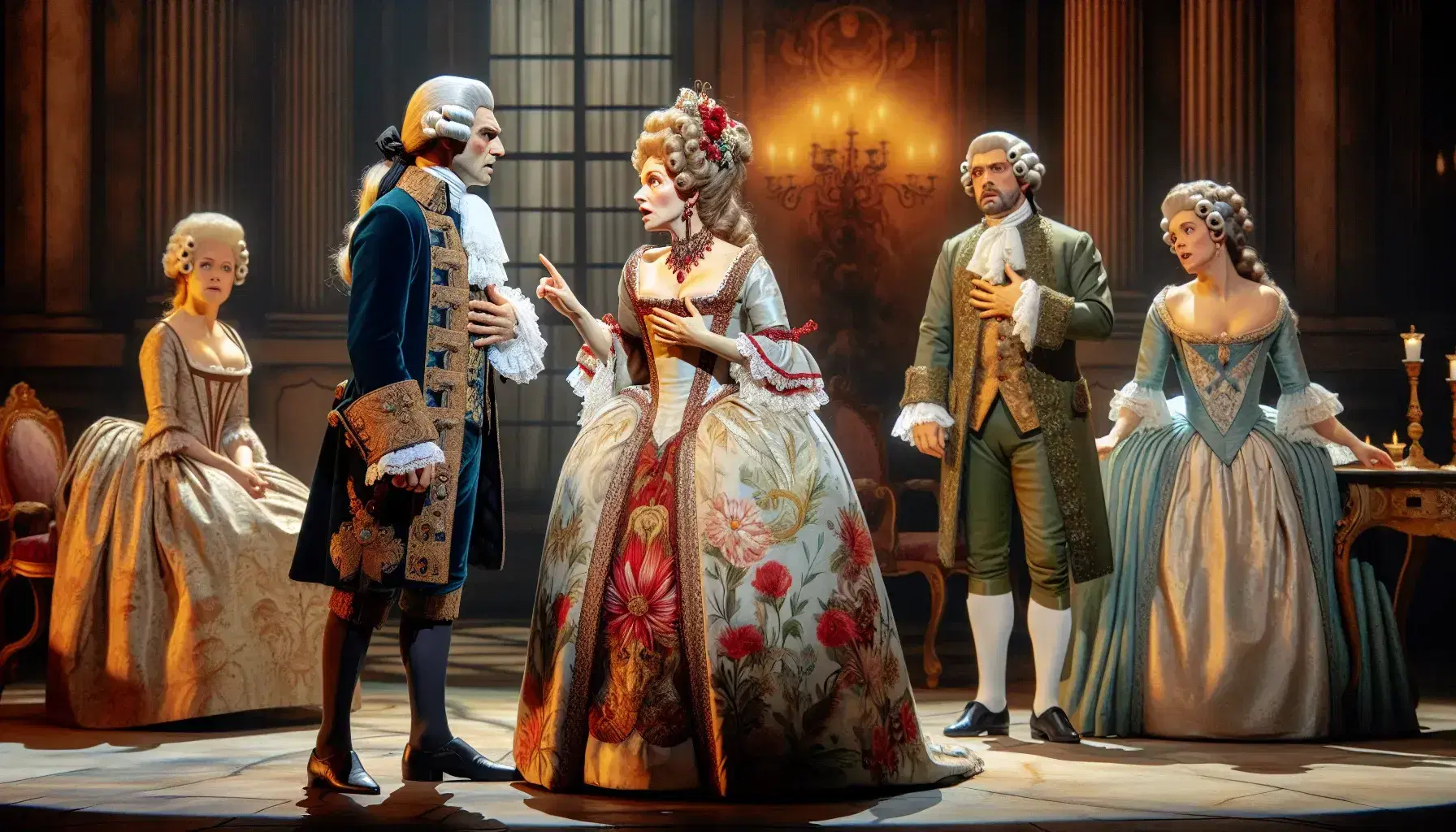 Scena dell'opera 'Le Nozze di Figaro' con quattro personaggi in costume d'epoca su palco decorato, esprimendo sorpresa e attesa.
