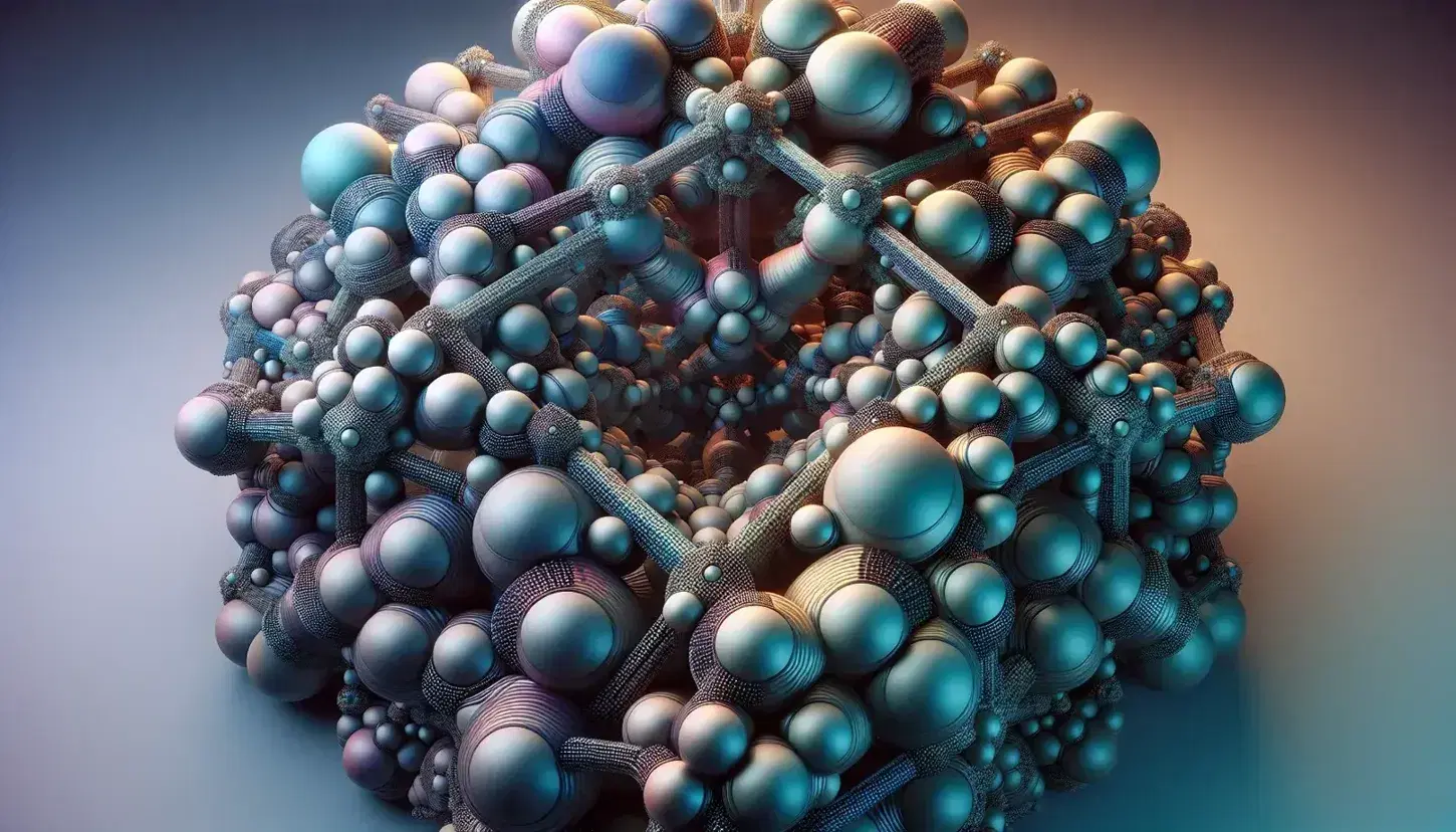 Three-dimensional fractal-like structure with interconnected spheres, cones, and cylinders in cool metallic blues, teals, and purples with warm light accents.