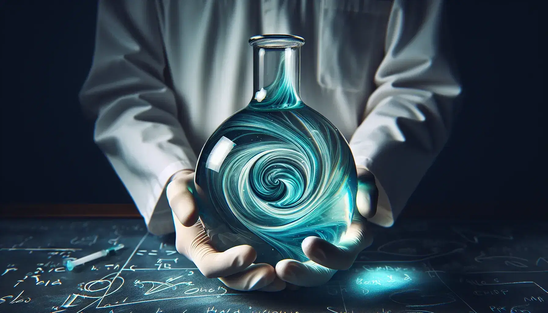 Hands in white latex gloves holding a glass flask with swirling blue and green liquid in a laboratory setting, against a blurred blackboard background.