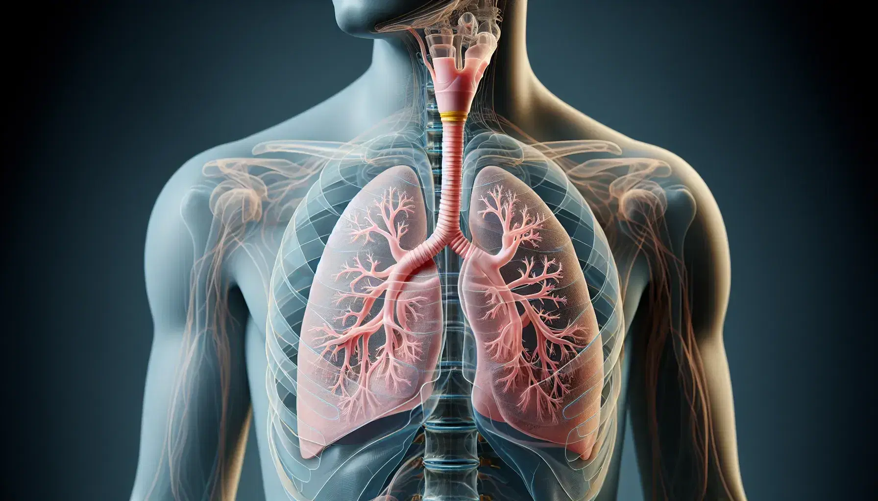 Vista laterale del sistema respiratorio umano con polmoni rosa, trachea gialla, bronchi e diaframma grigio in un torace trasparente.
