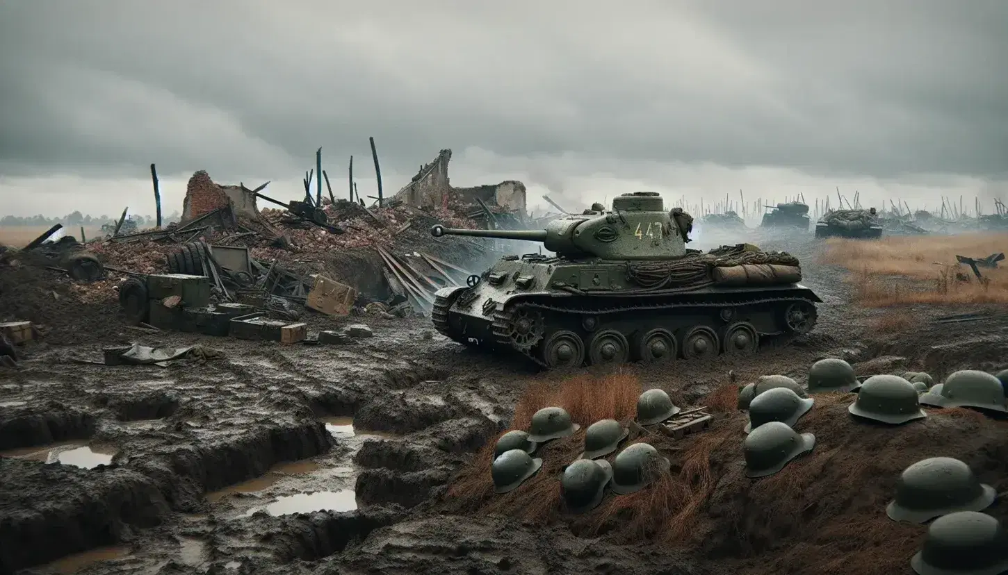 Carro armato della seconda guerra mondiale su terreno irregolare con edificio distrutto e caschi militari abbandonati, cielo nuvoloso.
