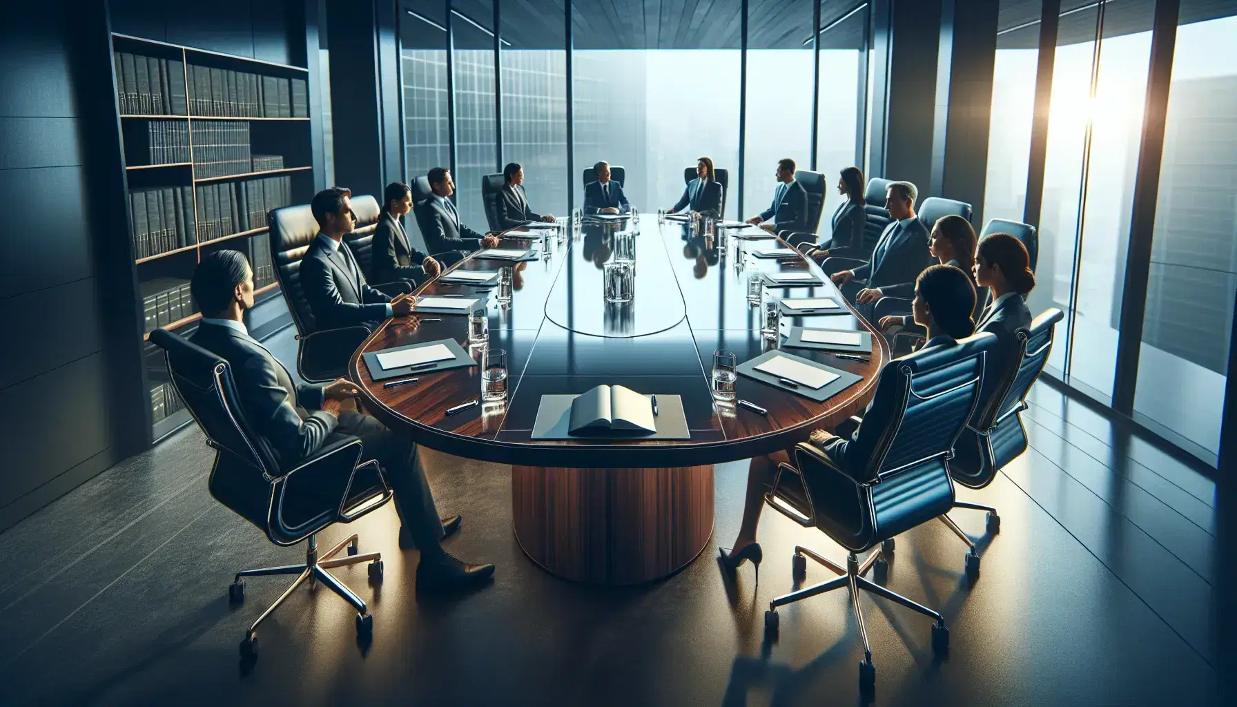 Modern corporate boardroom with a large oval wooden table, high-back leather chairs, and professionals in a meeting, surrounded by glass windows with city views.