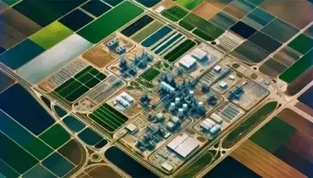 Vista aérea de paisaje diverso con campos agrícolas de cultivos en líneas y círculos, estructuras industriales y zona comercial con estacionamiento.