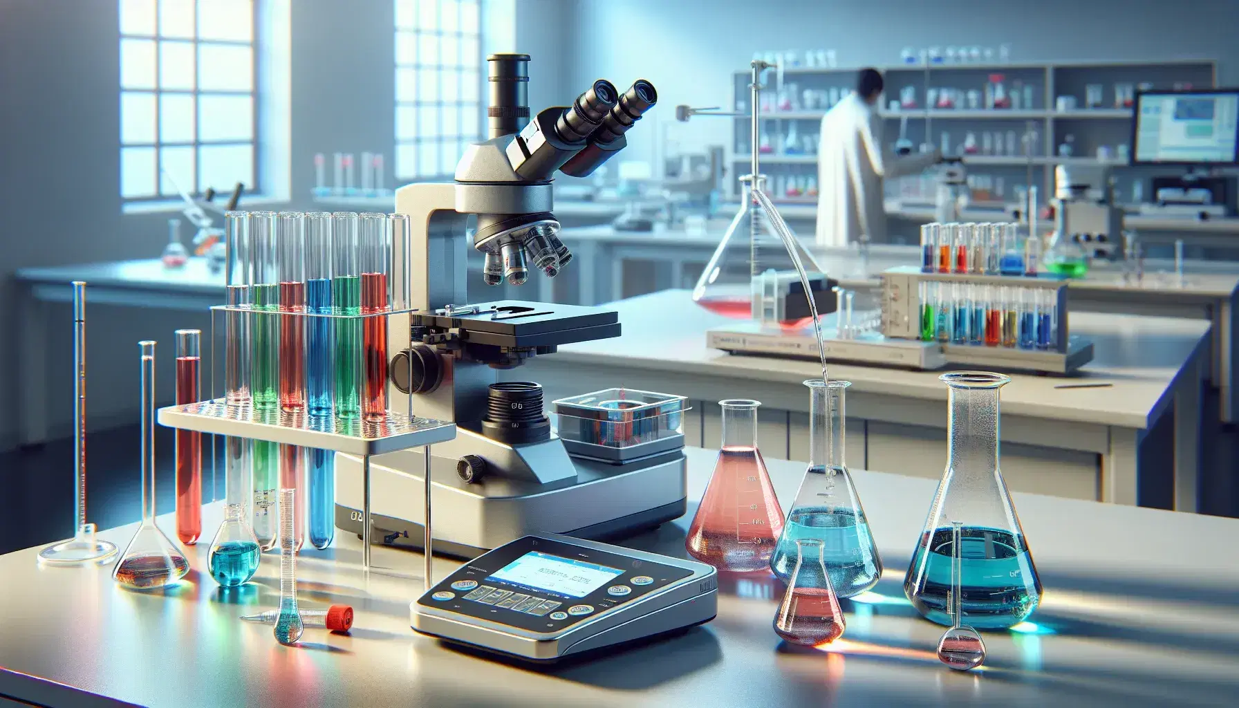 Laboratorio chimico moderno con microscopio elettronico, provette colorate e bilancia analitica digitale, tecnico al lavoro.