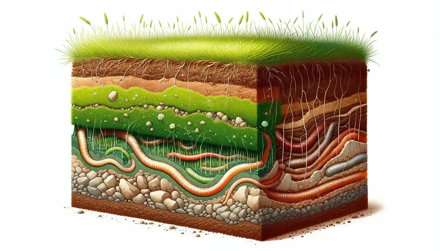 Sección transversal de suelo mostrando capa de césped verde, raíces blancas, suelo marrón con túneles de lombrices y piedras, bajo un cielo azul.