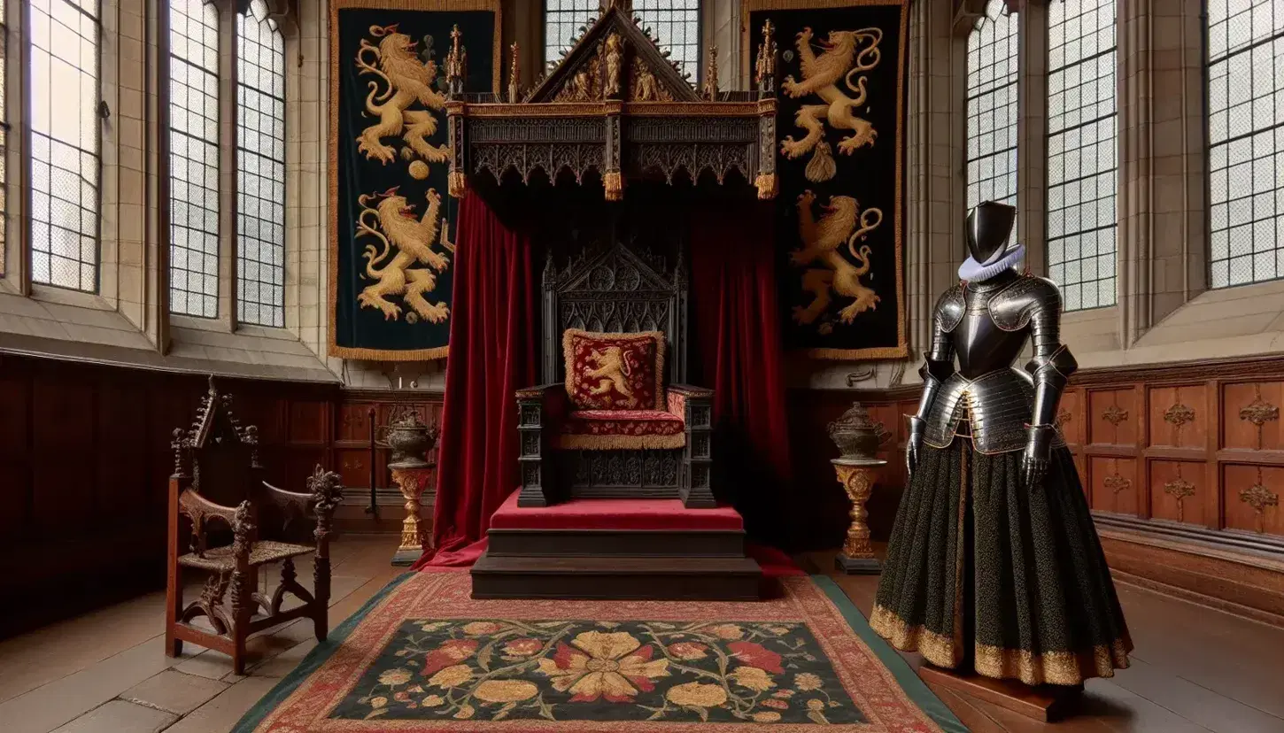 Scena rinascimentale in aula castello Tudor con trono in legno scuro, manichino in abito verde, elmo cavaliere su piedistallo e arazzi.
