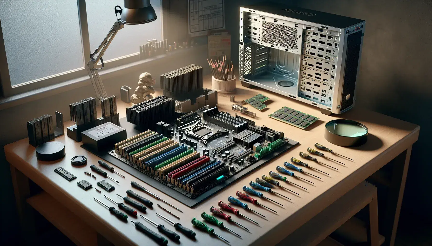 Neat workbench with disassembled computer hardware components, including motherboard, RAM, CPU, power supply and set of colored screwdrivers.
