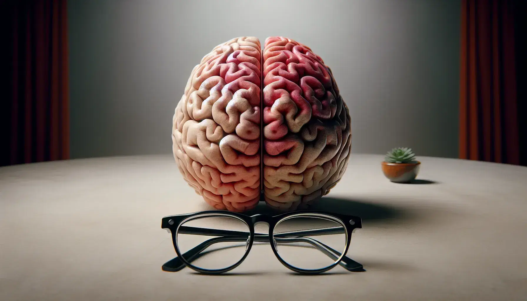 Detailed model of sagittally sectioned human brain with black glasses and green plant on neutral background.