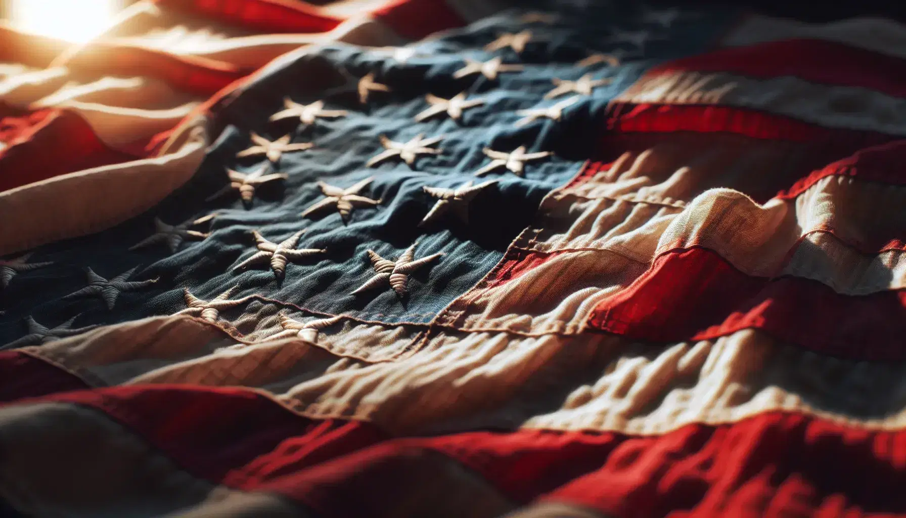 Close-up view of a weathered American flag with faded colors, showcasing the texture and stitching of the stars and stripes against a blurred background.