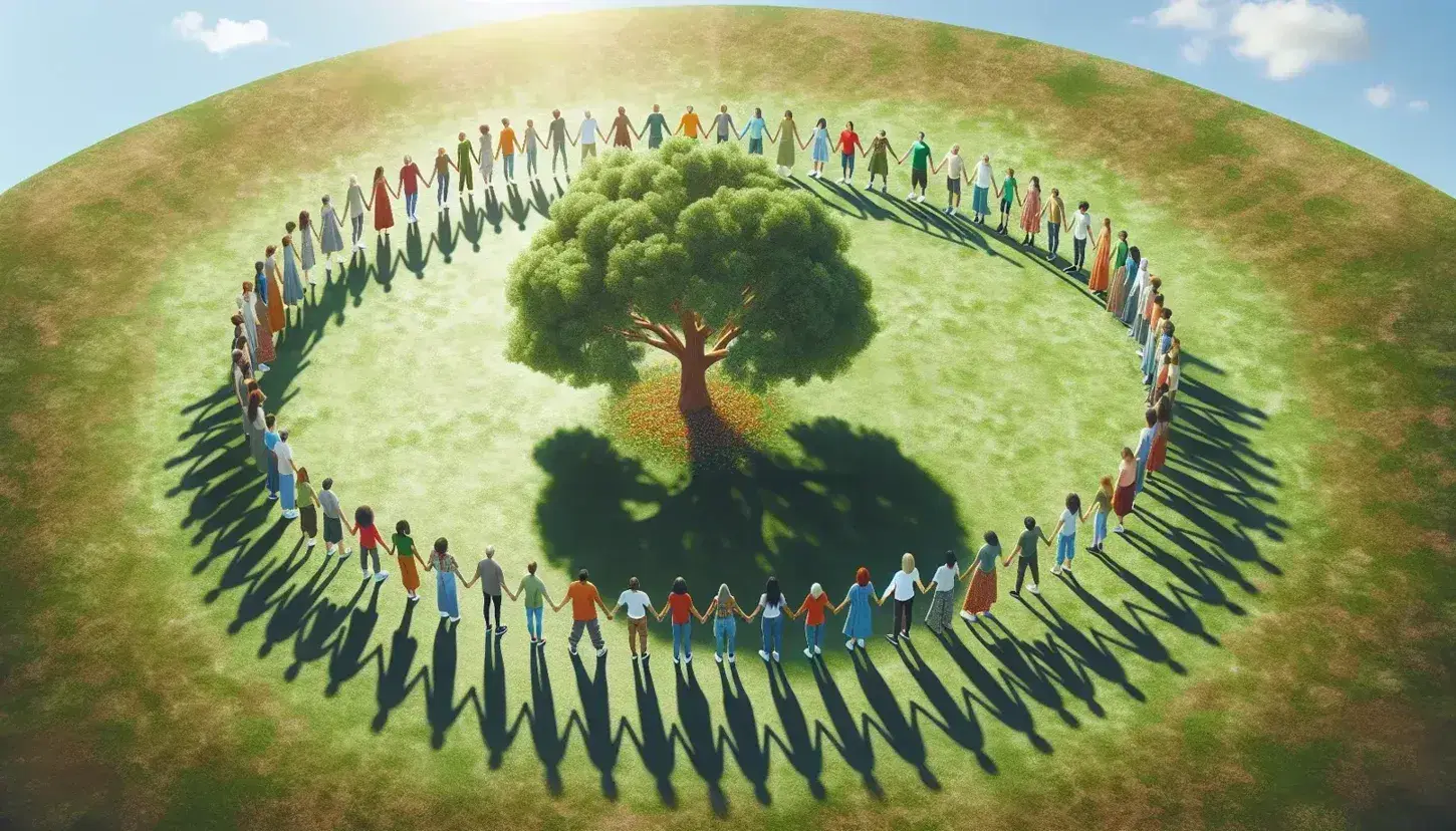 Grupo diverso de personas de diferentes edades y etnias formando un círculo unido de manos alrededor de un árbol en un campo verde bajo un cielo azul claro.