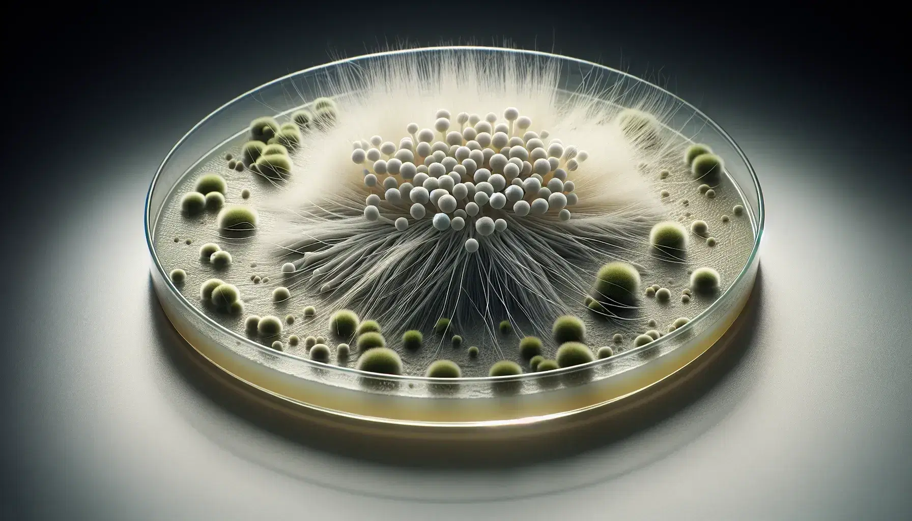 Close-up view of a petri dish with white fungal mycelium and varying shades of green conidia spores on a pale yellow agar against a gray bench.
