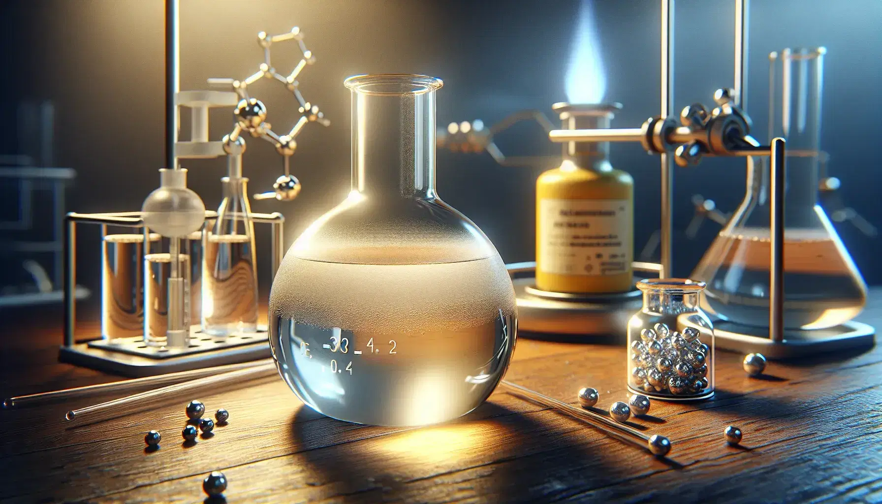 Glass bottle with pale yellow liquid on laboratory bench, immersed glass rod, metal pellets and lit Bunsen burner in background.