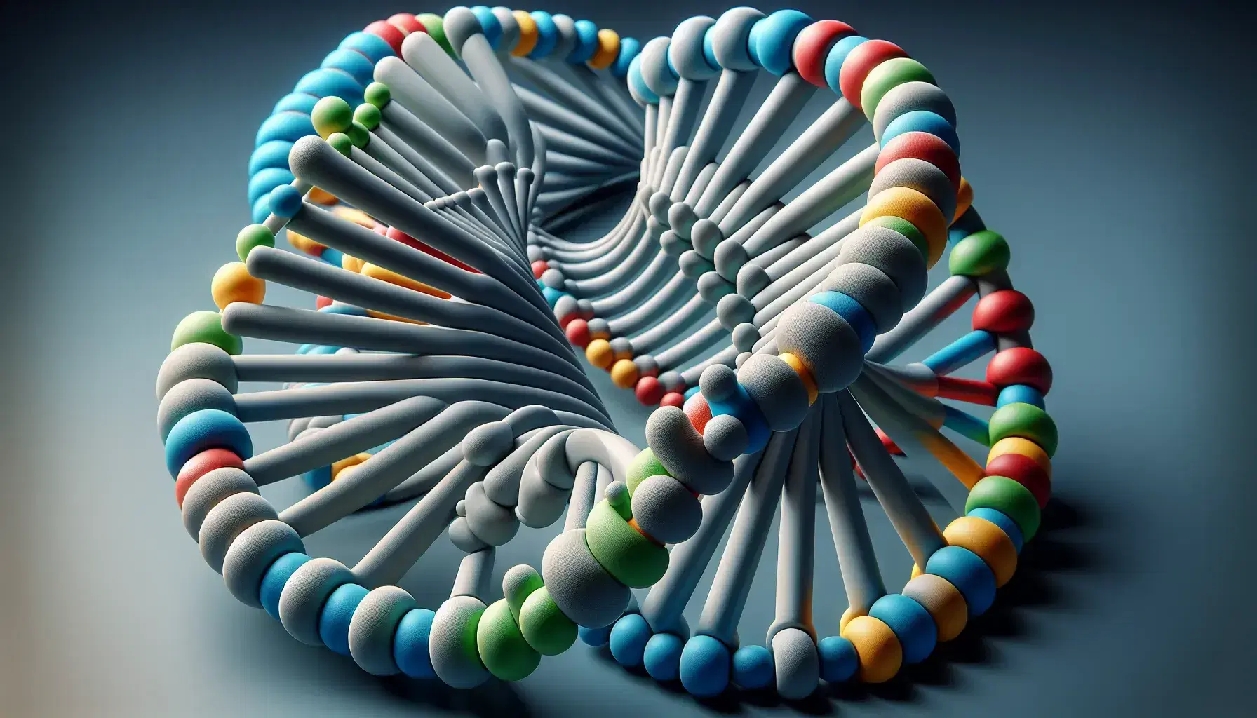 Three-dimensional model of double helix DNA with base pairs colored blue-green for adenine-thymine and red-yellow for cytosine-guanine on a gradient background.