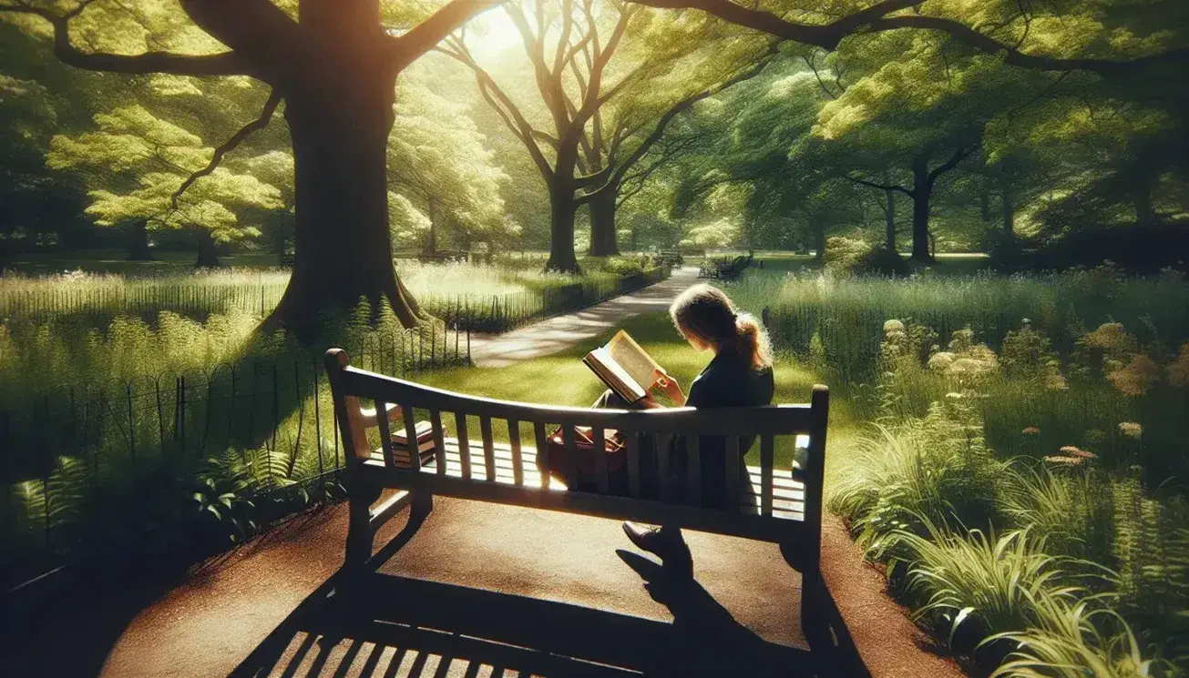 Persona seduta su panchina in legno in parco tranquillo legge un libro tra ombre di alberi e luce solare su erba verde.