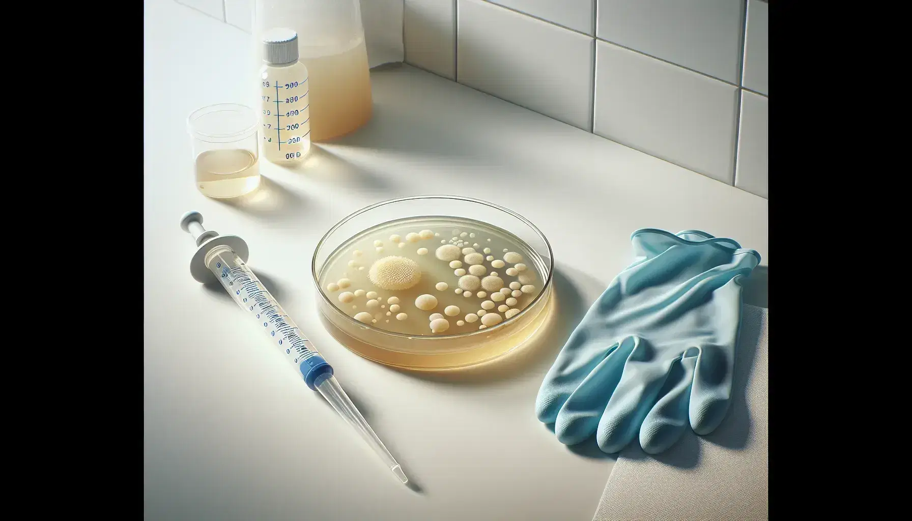 Plato de Petri transparente sobre superficie blanca con medio de cultivo agar amarillo pálido y colonias bacterianas variadas, pipeta plástica y guantes de látex azules indicando prácticas asépticas en laboratorio.
