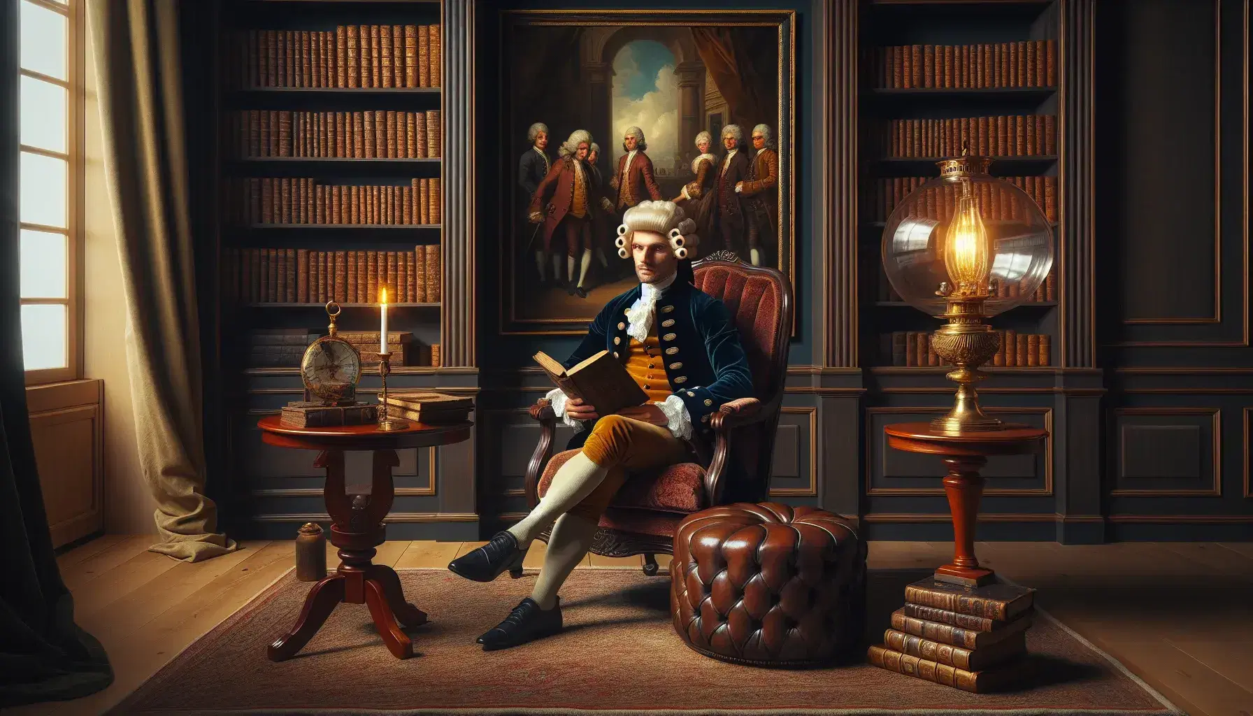 Uomo in abiti settecenteschi legge un libro in salotto d'epoca con libreria, statua, lampada ad olio e quadro teatrale.