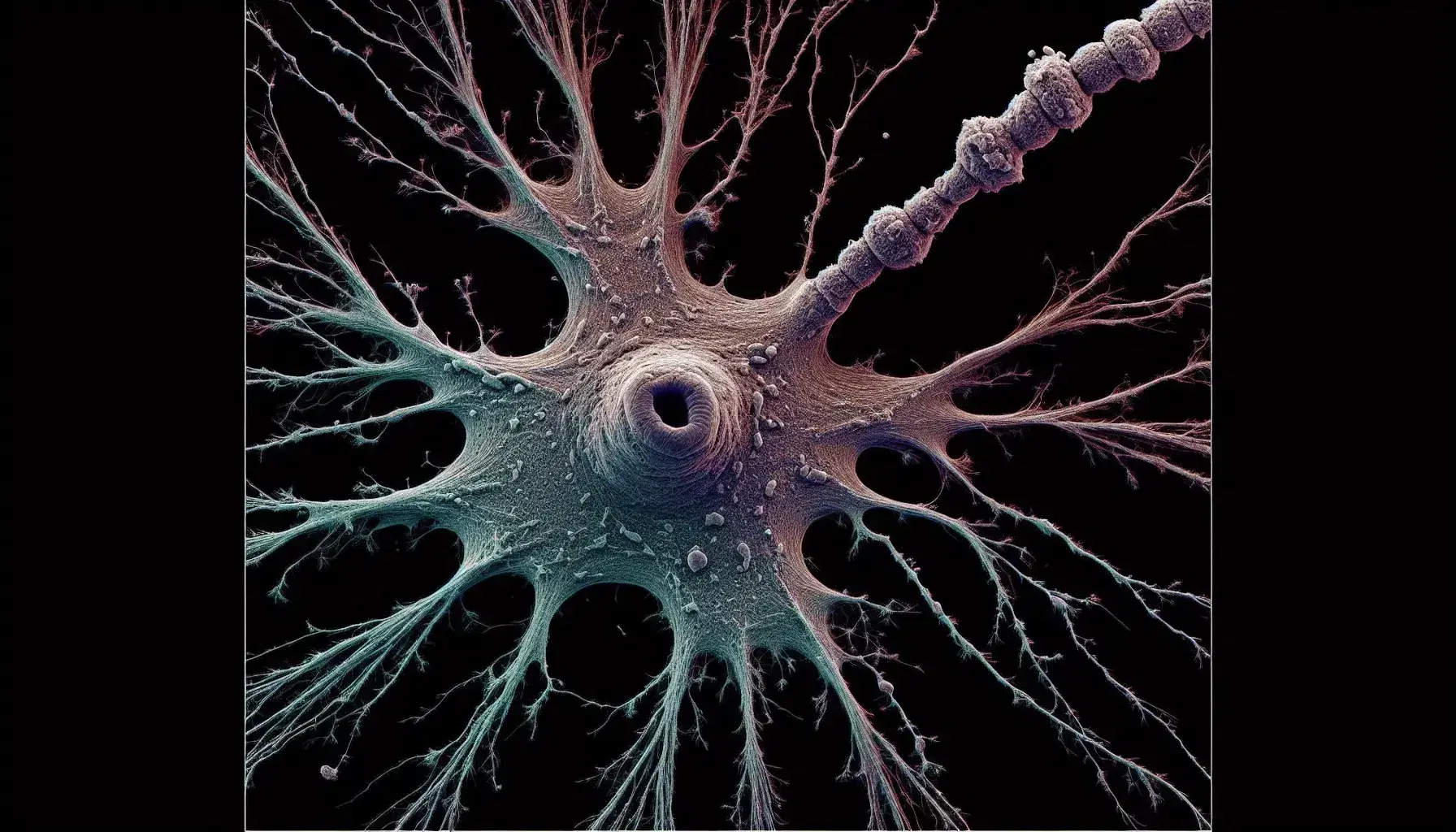 Micrografía electrónica de color de una neurona destacando su cuerpo celular grisáceo, dendritas ramificadas y un axón largo, sobre fondo oscuro.