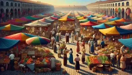 Crowded open-air market with colorful stalls, vendors, fruits, vegetables, handicrafts and people chatting under a blue sky.