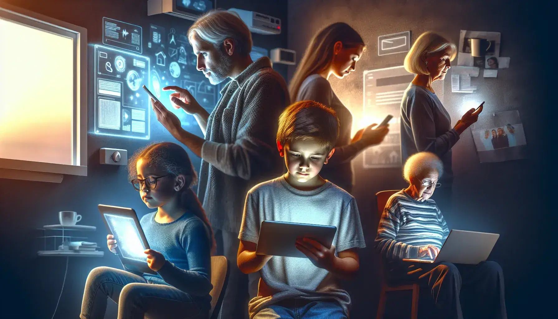 Multi-ethnic group of people of different ages use digital devices, from tablets to smartphones and laptops, in a technological home environment.