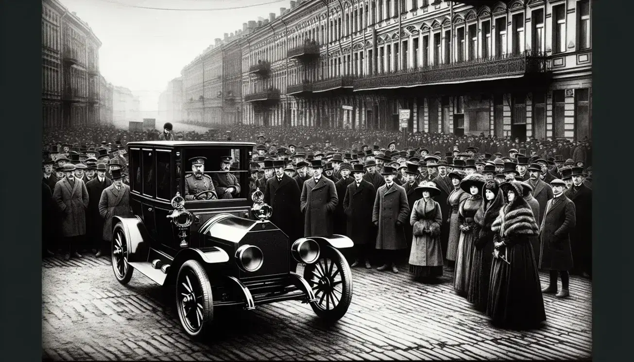 Scena storica in bianco e nero con persone in costume d'epoca e auto d'epoca su strada cittadina, tra edifici decorati.