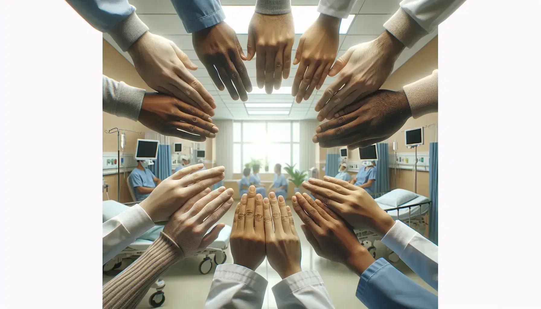 Manos de diversas tonalidades de piel unidas en círculo simbolizando unidad y colaboración en un fondo desenfocado de hospital.