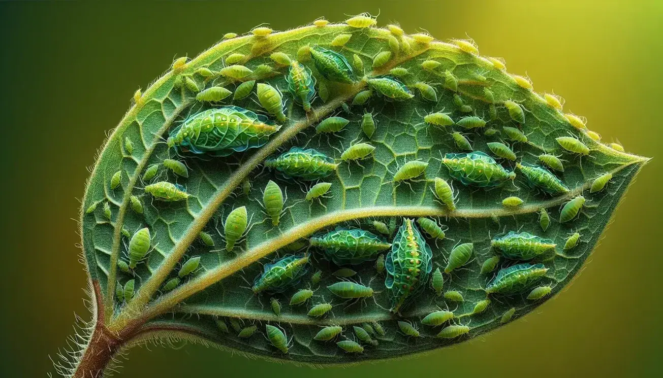 Close-up of green aphids infesting the underside of a leaf, with visible veins and a blurred natural green background.