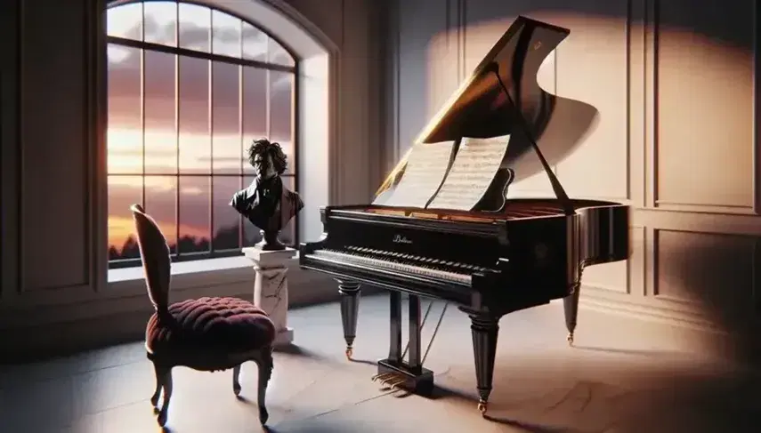 Pianoforte a coda nero lucido in stanza con pareti crema, luce diffusa da finestra con tramonto, statuetta di Beethoven e sedia in velluto rosso.