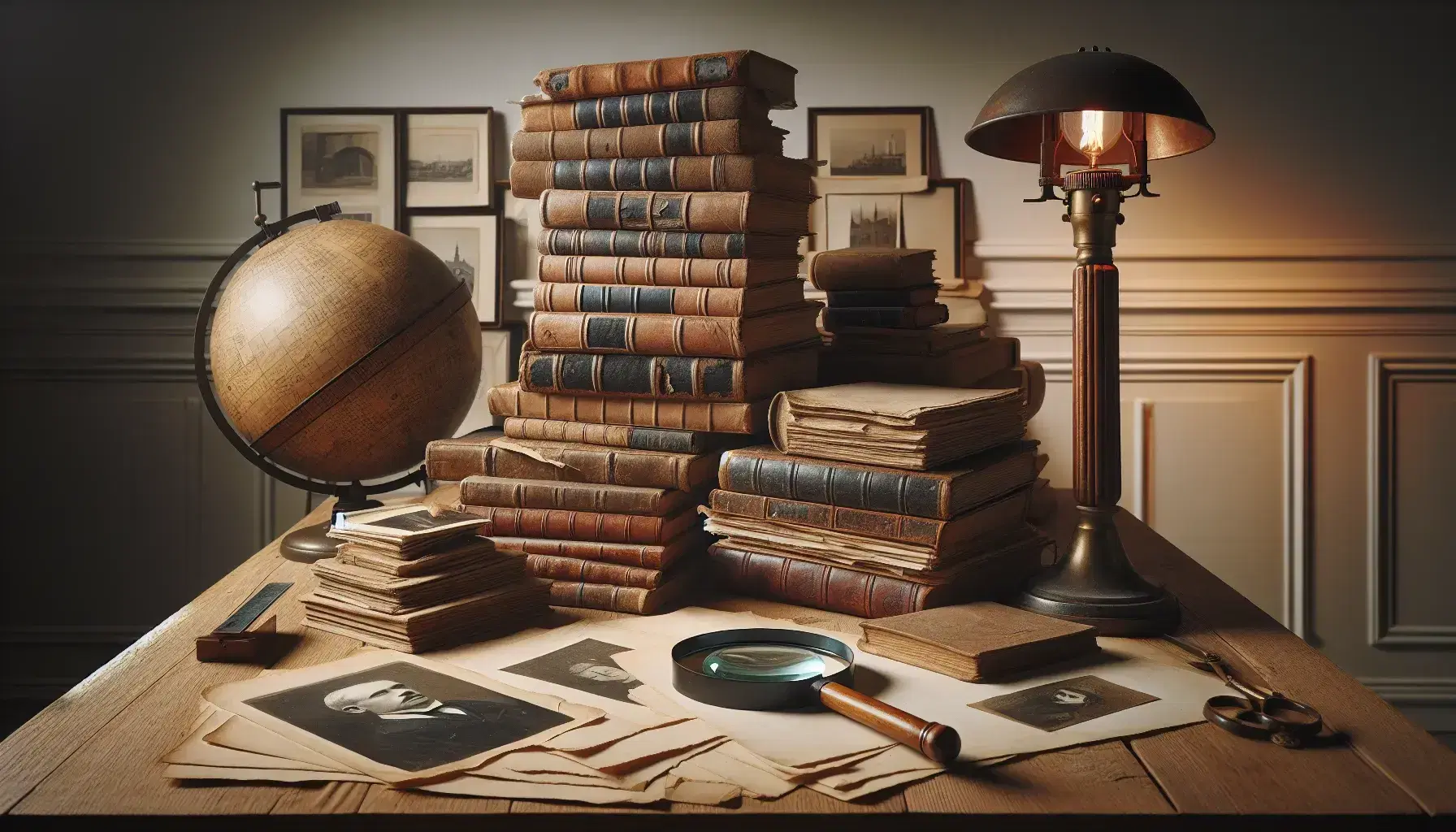 Mesa de madera clara con libros antiguos, lupa sobre papeles en blanco, fotos en blanco y negro y un globo terráqueo sepia al fondo, evocando estudio e investigación histórica.