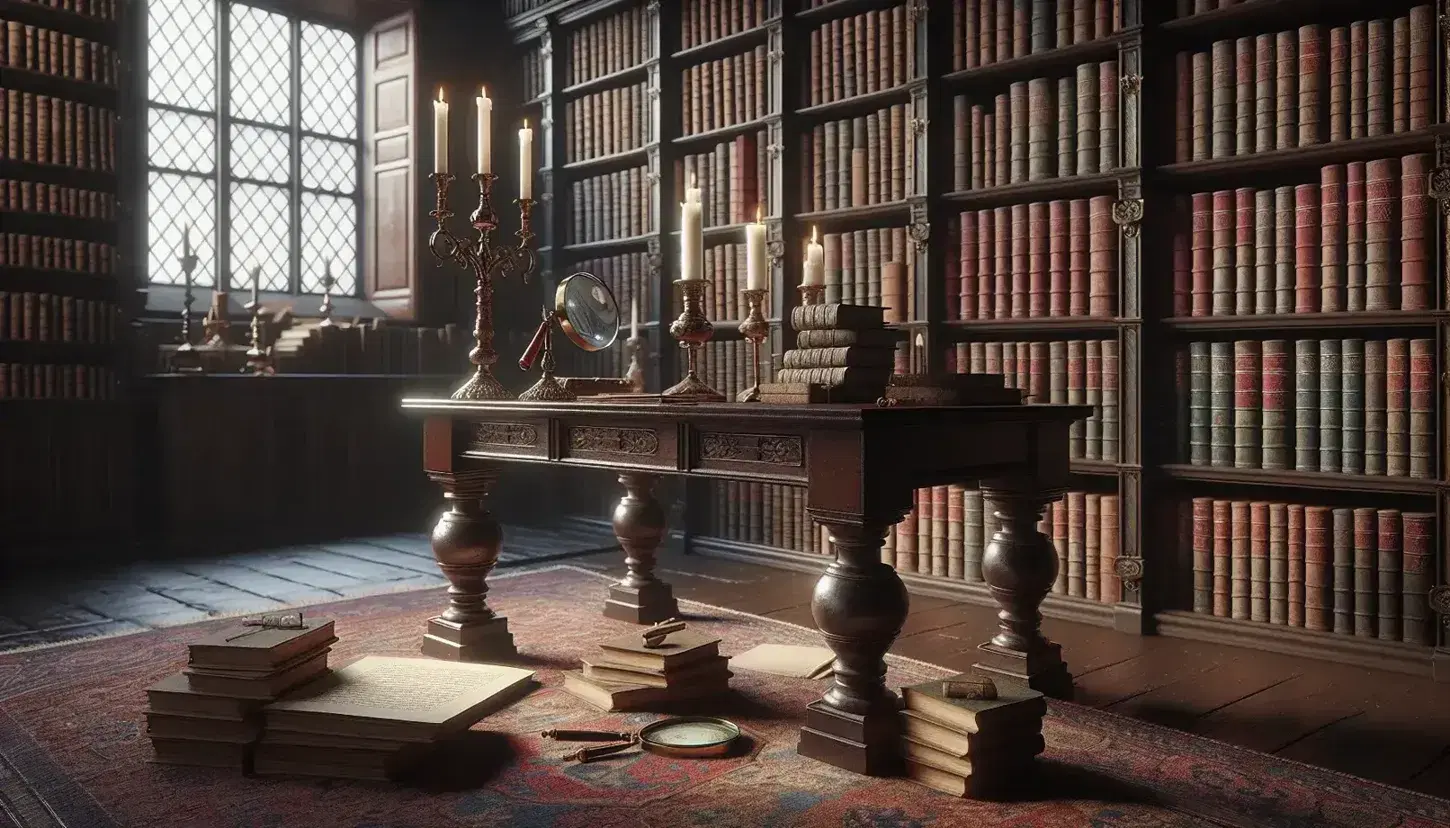 Biblioteca antigua con estantes de madera oscuros llenos de libros, mesa central con candelabro de bronce y papeles amarillentos, y alfombra persa en suelo de madera.