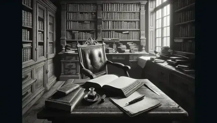 Vintage study room with wooden desk, open book, fountain pen, and wall-to-wall bookshelves, bathed in natural light from a window with dark drapes.
