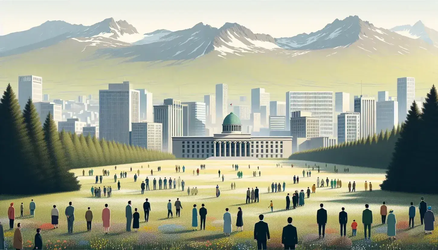 Paisaje diverso con personas en primer plano, ciudad con edificios variados y montañas nevadas al fondo, junto a edificio gubernamental con cúpula.
