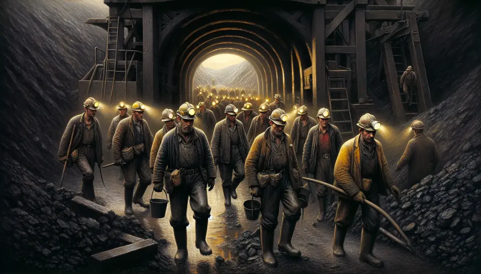 Coal miners with headlamps exit a dark mine into daylight, their faces and work gear covered in dust, reflecting the end of a hard day's work.