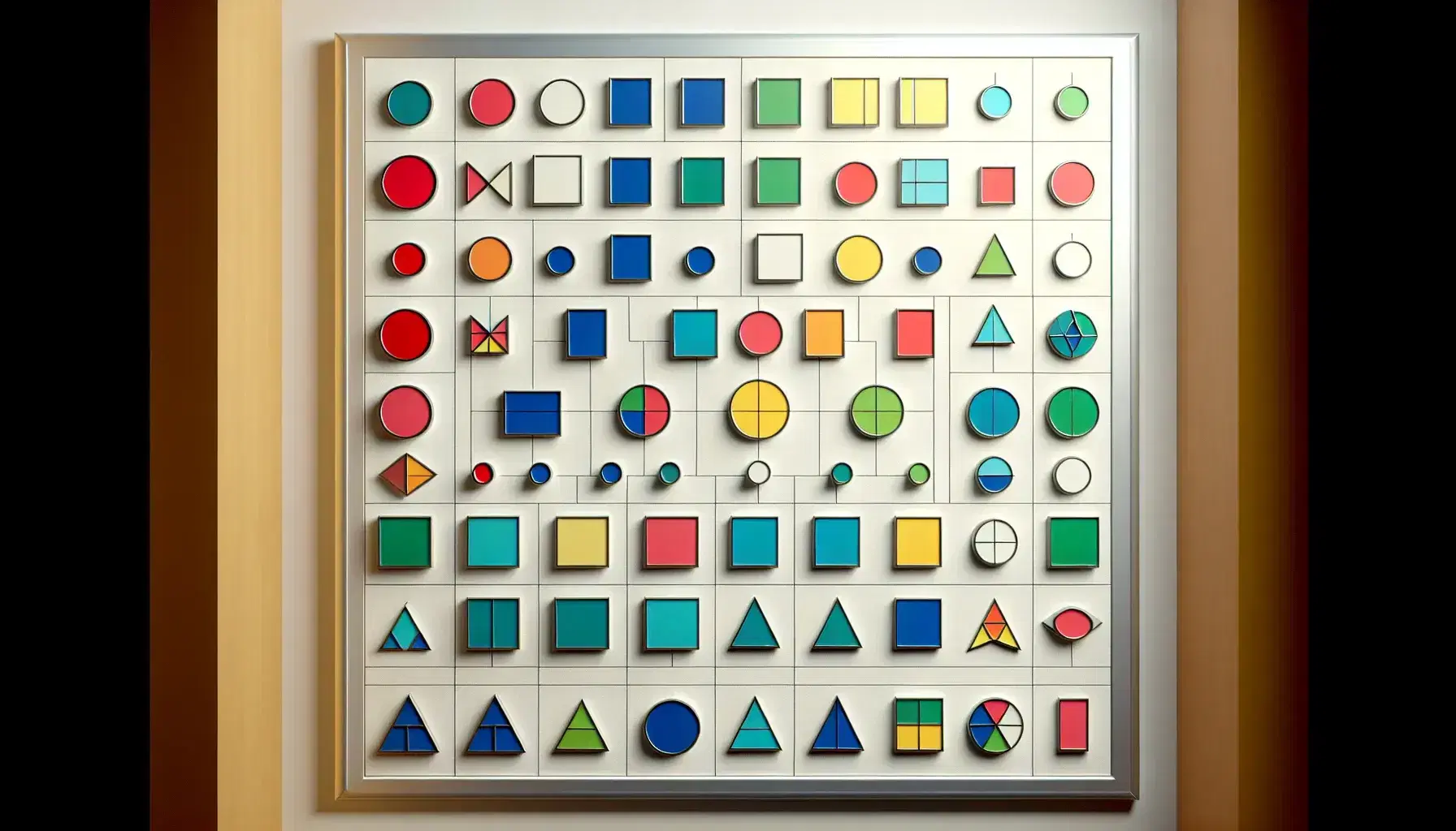 Pizarra blanca con figuras geométricas coloridas, incluyendo un cuadrado grande con un círculo rojo, cuadrado azul, triángulo amarillo y estrella verde en cuadrantes separados, y figuras pequeñas dispersas abajo.