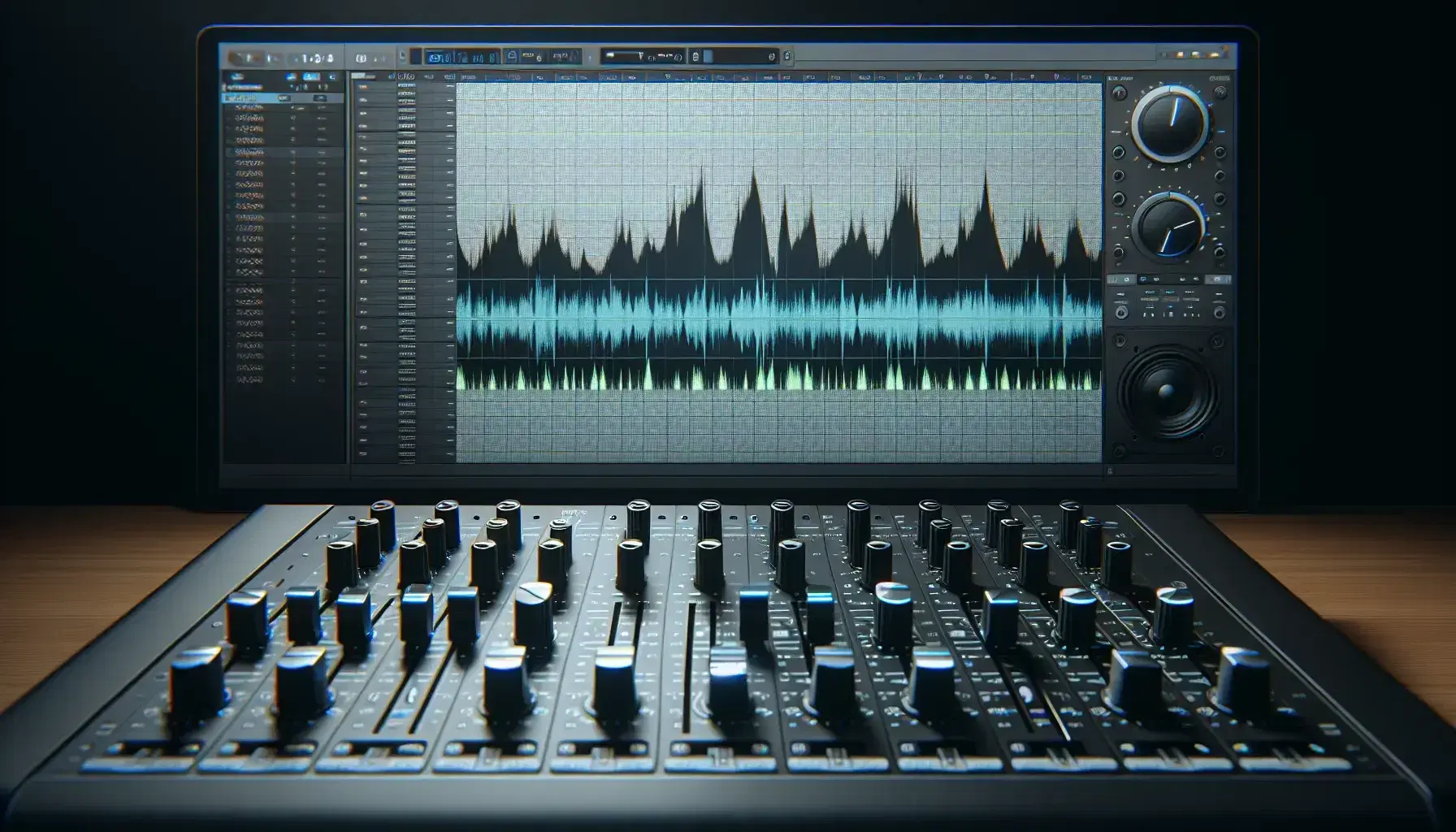 Close-up view of a digital audio station interface with highlighted sound wave, timeline and part of a speaker in the background.