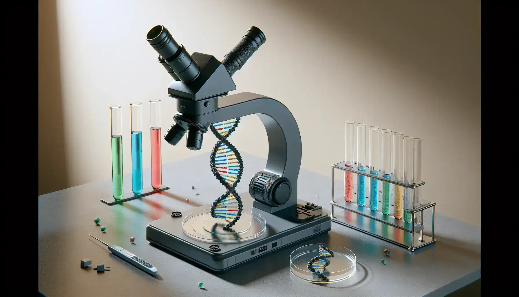 Microscopio elettronico grigio scuro su tavolo da laboratorio con modello DNA a doppia elica e provette colorate.