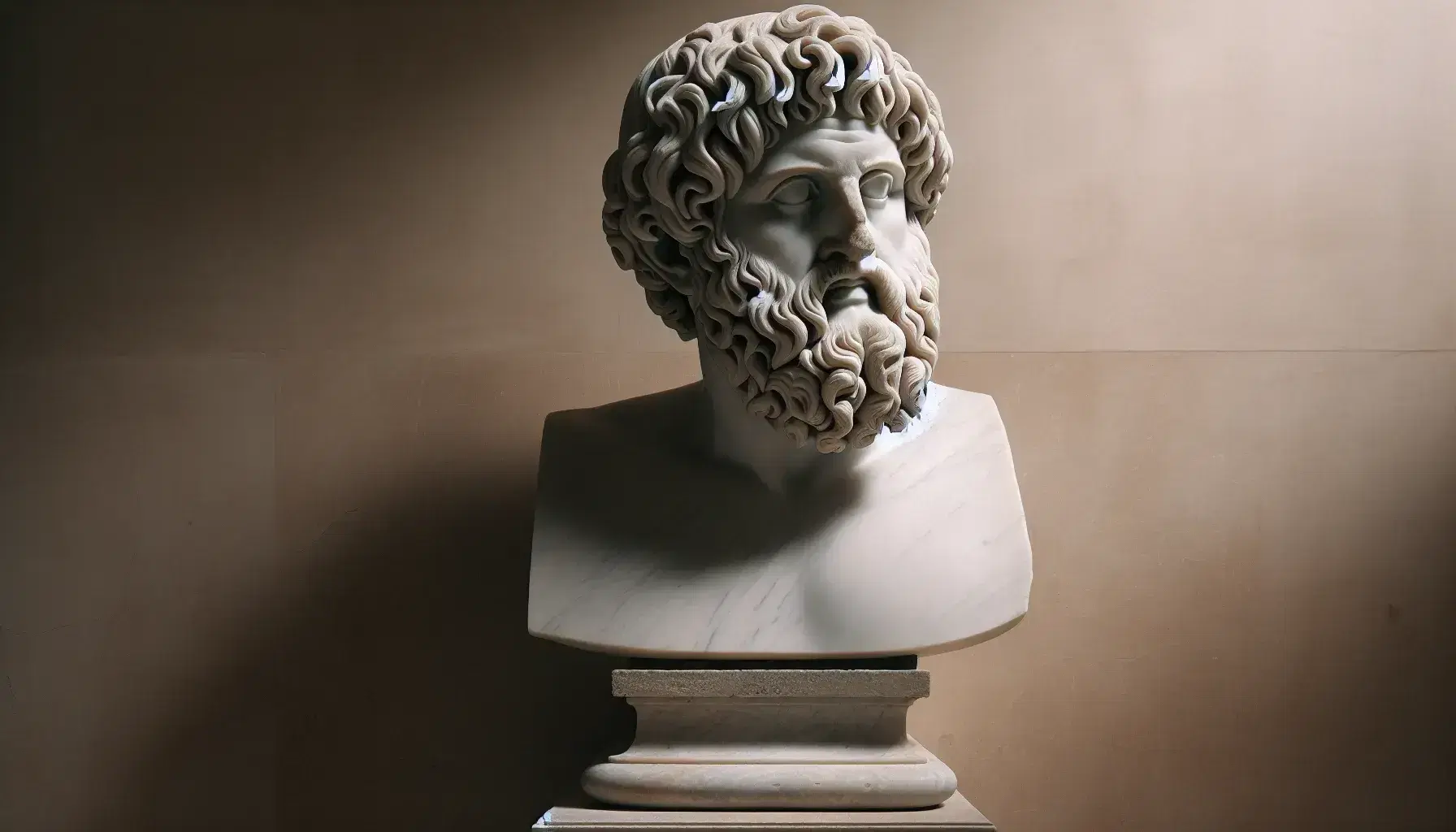 Busto de mármol blanco de Platón con barba rizada, mirada pensativa y cabello detallado, sobre pedestal oscuro, contra pared beige.