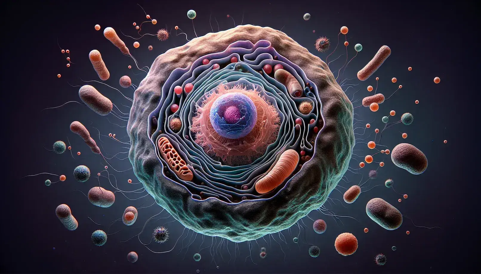 Vista microscópica de una célula con membrana semitransparente, núcleo azul, mitocondrias rojizas y retículo endoplásmico, rodeada de moléculas coloridas.