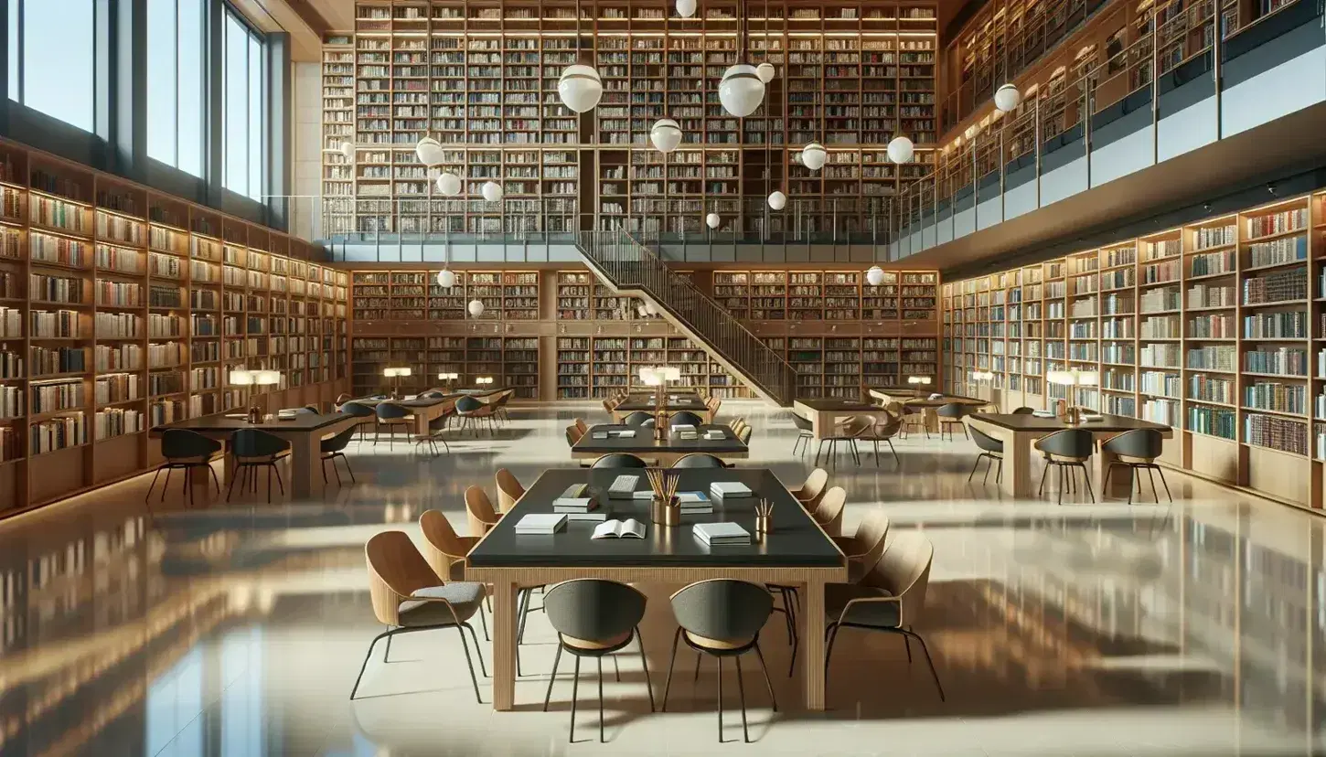 Biblioteca moderna y espaciosa con estanterías de madera llenas de libros, mesas de estudio ocupadas, sillas ergonómicas y suelo de mármol iluminado naturalmente.