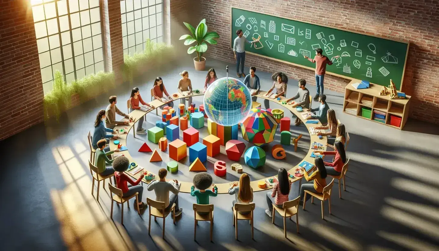 Grupo diverso de estudiantes colaborando y aprendiendo con bloques de construcción y figuras geométricas en una mesa redonda, bajo luz natural.