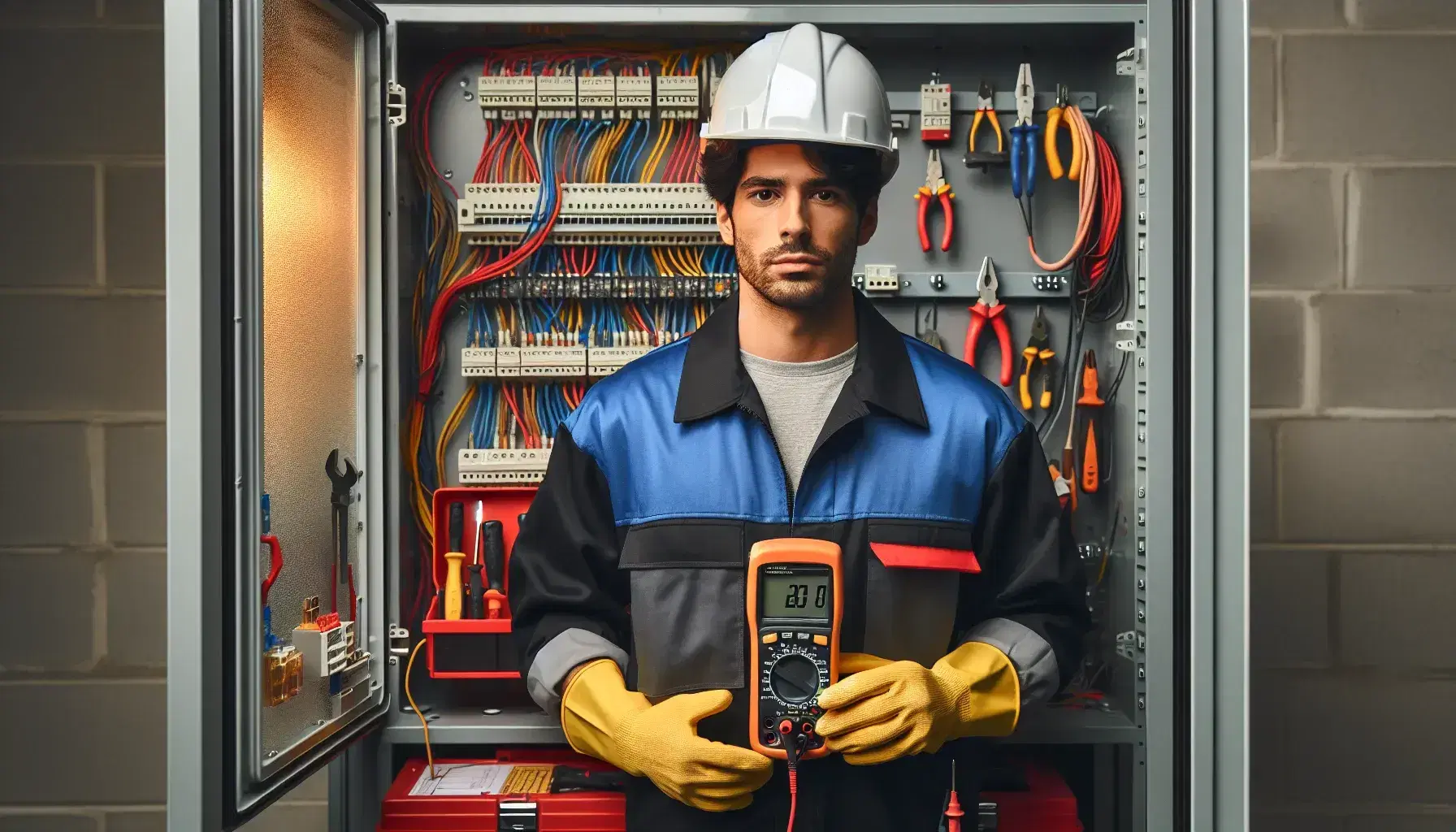 Electricista hispano con casco de seguridad y guantes amarillos utilizando multímetro digital en panel eléctrico con cables de colores y herramientas a su lado.