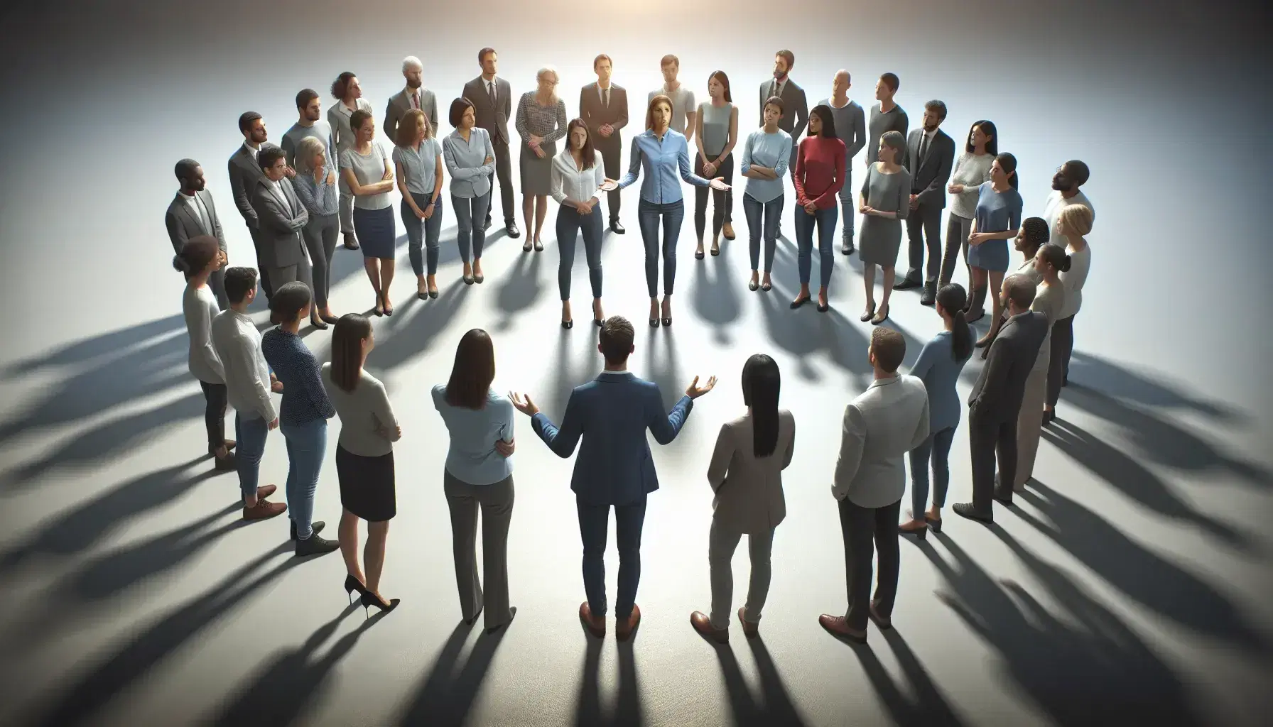 Grupo diverso de profesionales en semicírculo escuchando a un líder que gesticula, en un entorno de oficina con iluminación suave.