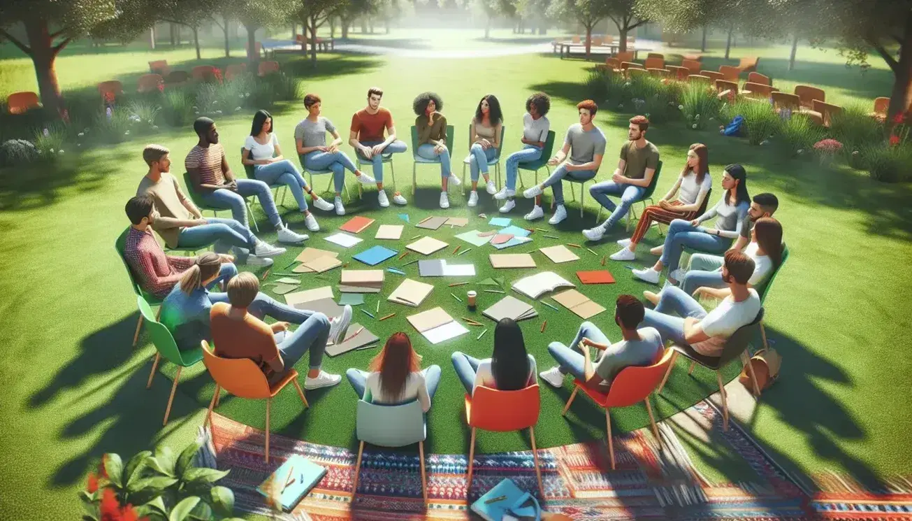 Gruppo multietnico di giovani seduti in cerchio su sedie colorate all'aperto, con fogli e penne per una sessione di brainstorming in un parco.