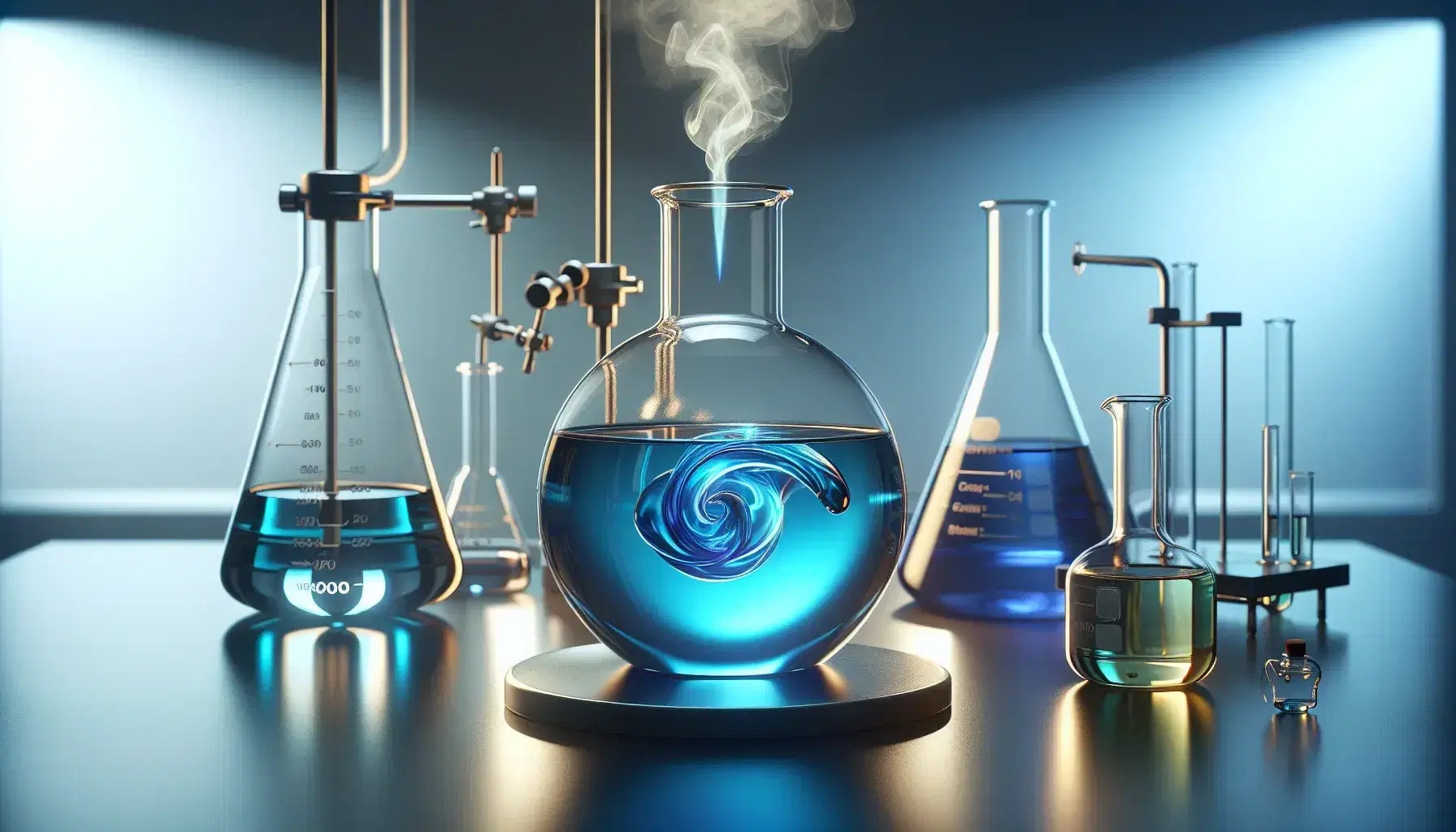 Chemical laboratory with round bottom flask on magnetic stirrer with blue liquid, Erlenmeyer and beaker with solutions, Bunsen burner turned on.