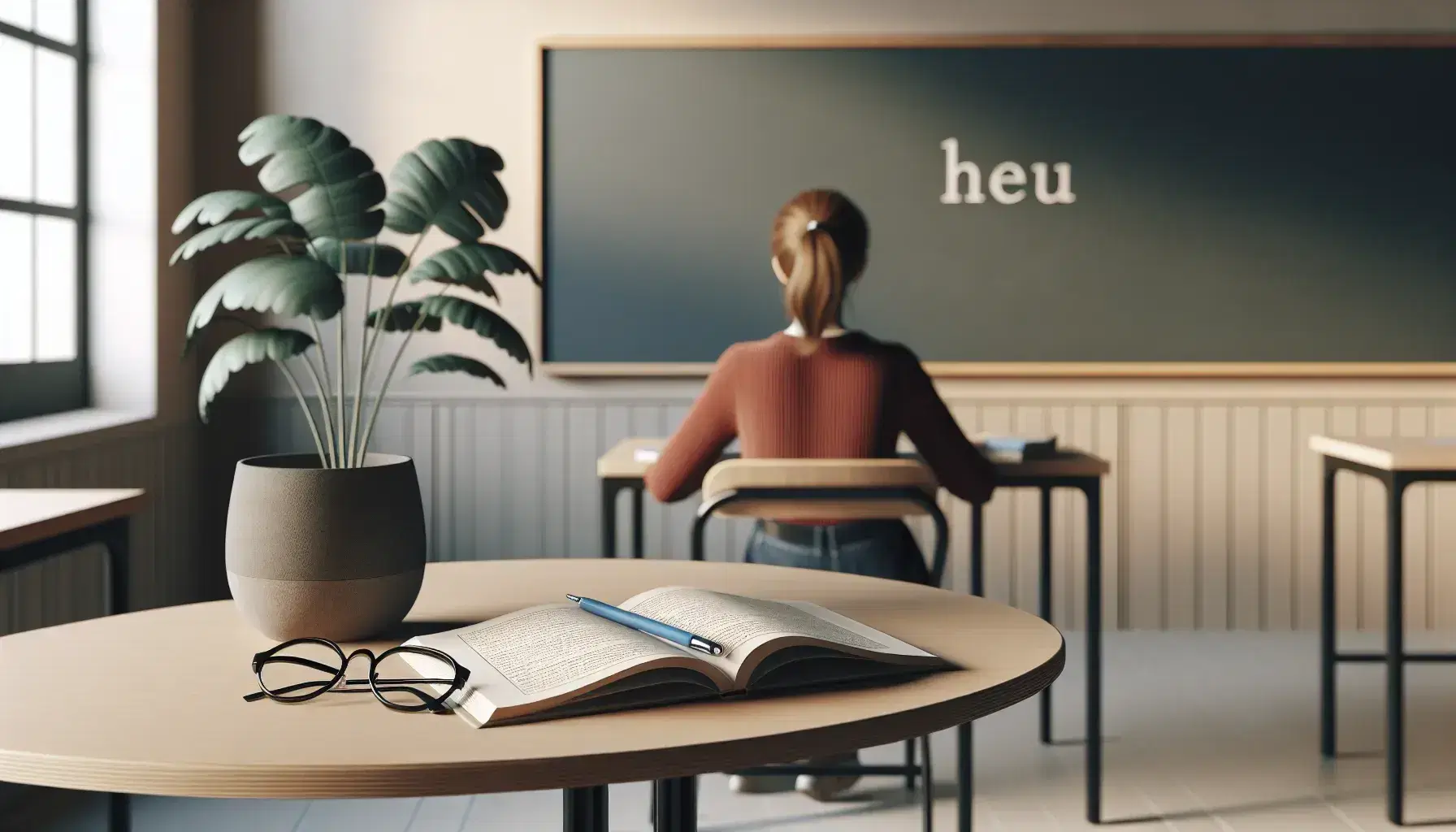 French language study session in a classroom with a student at a table featuring a textbook, notebook, pen, and eyeglasses, with a chalkboard and plant in the background.