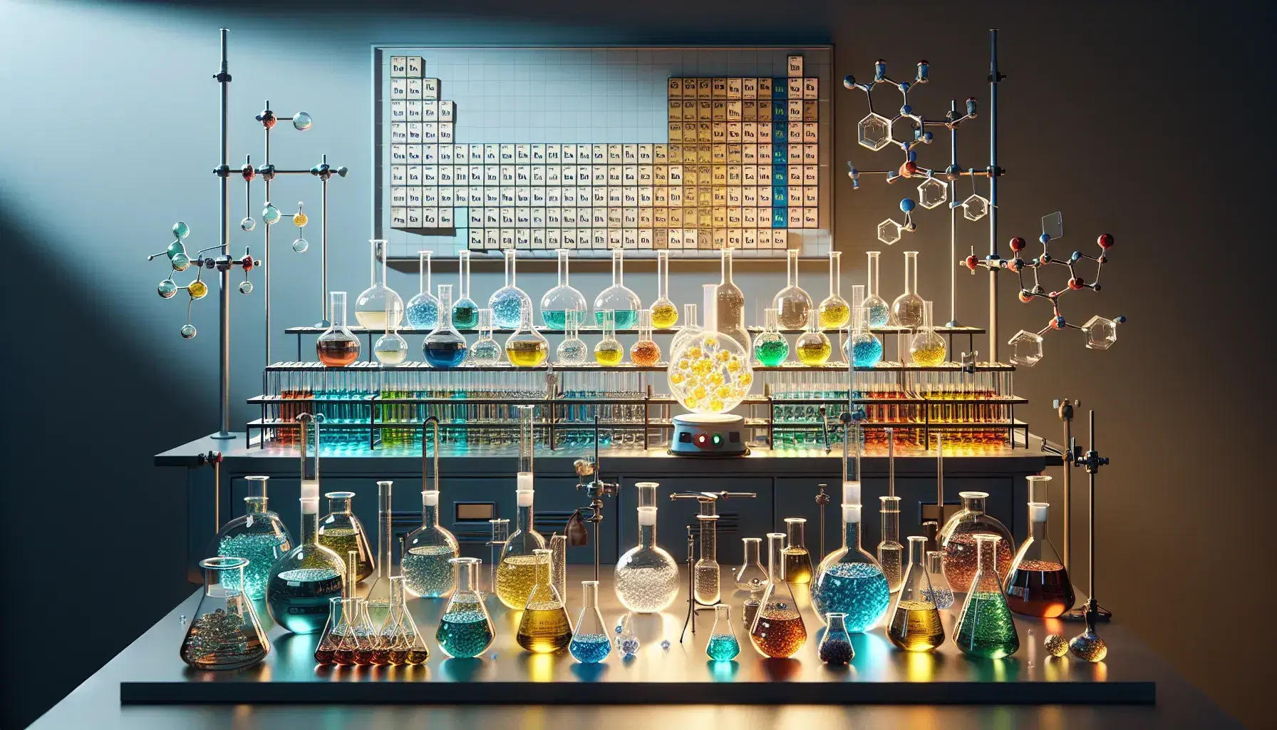 Laboratory with colored test tubes on workbench, flasks on magnetic stirrer and lit Bunsen burner, without legible symbols.