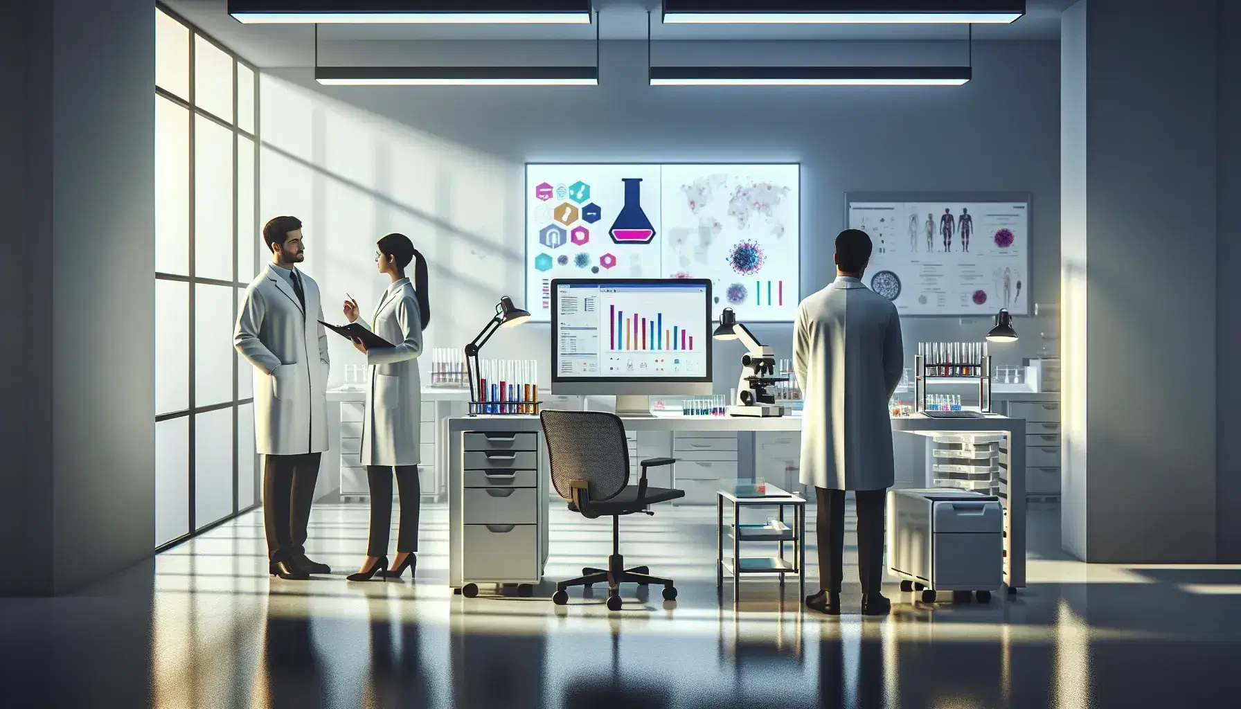 Profesionales de la salud trabajando en laboratorio clínico con tubos de ensayo coloridos, microscopio y computadora.
