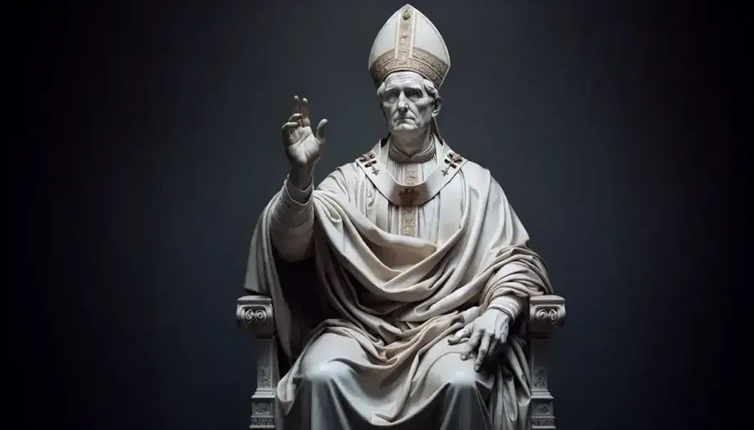 Scultura in marmo bianco di Papa in abiti pontificali con tiara, benedizione con mano destra e chiavi di San Pietro nella sinistra.